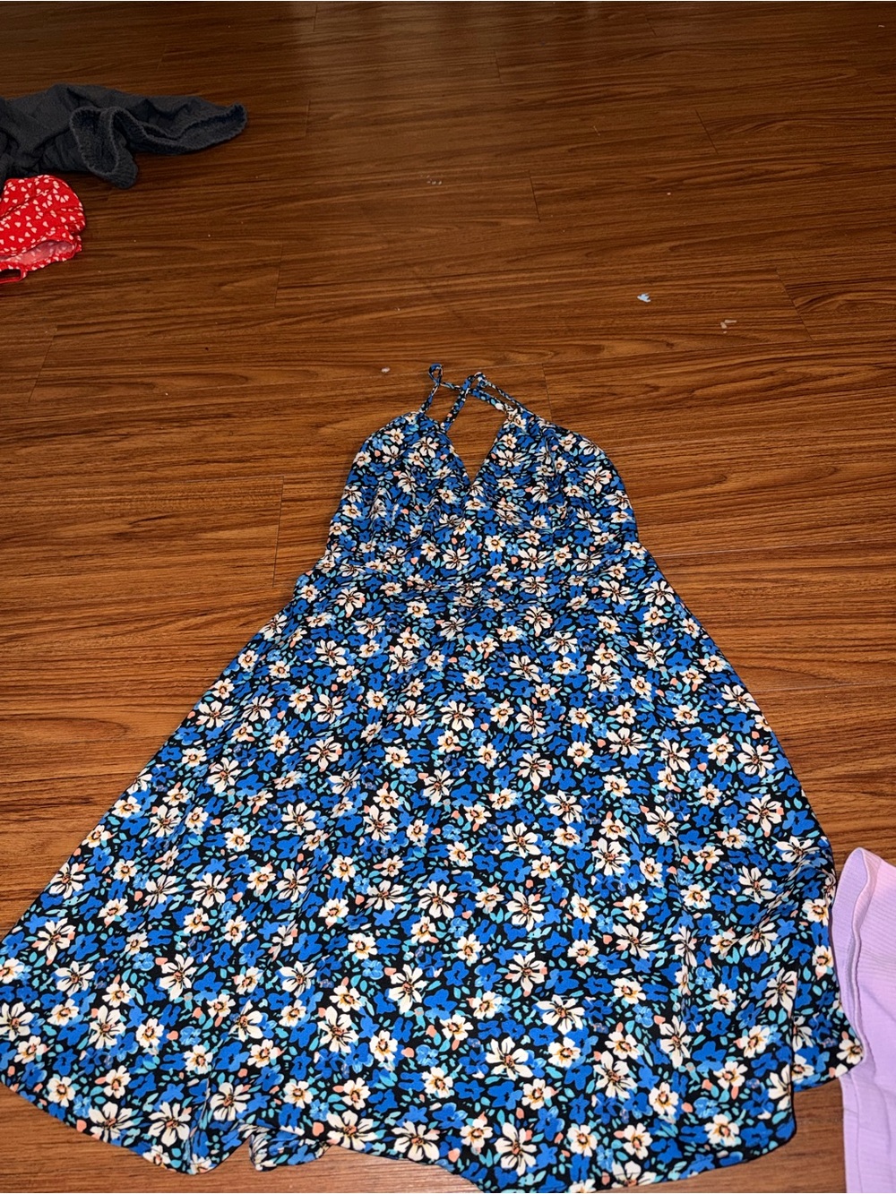 Floral Blue Summer Halter Dress Strappy back